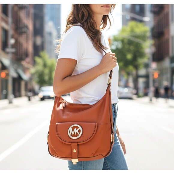 MICHAEL KORS Fulton Large Hobo Bag Orange Pebble Leather Purse Gold Plated Logo - Picture 1 of 15